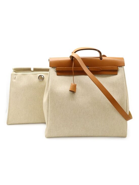 Hermes Handbags - Hermes Herbag MM 2-Way Shoulder Bag Toile Ash Leather Natural Camel Silver